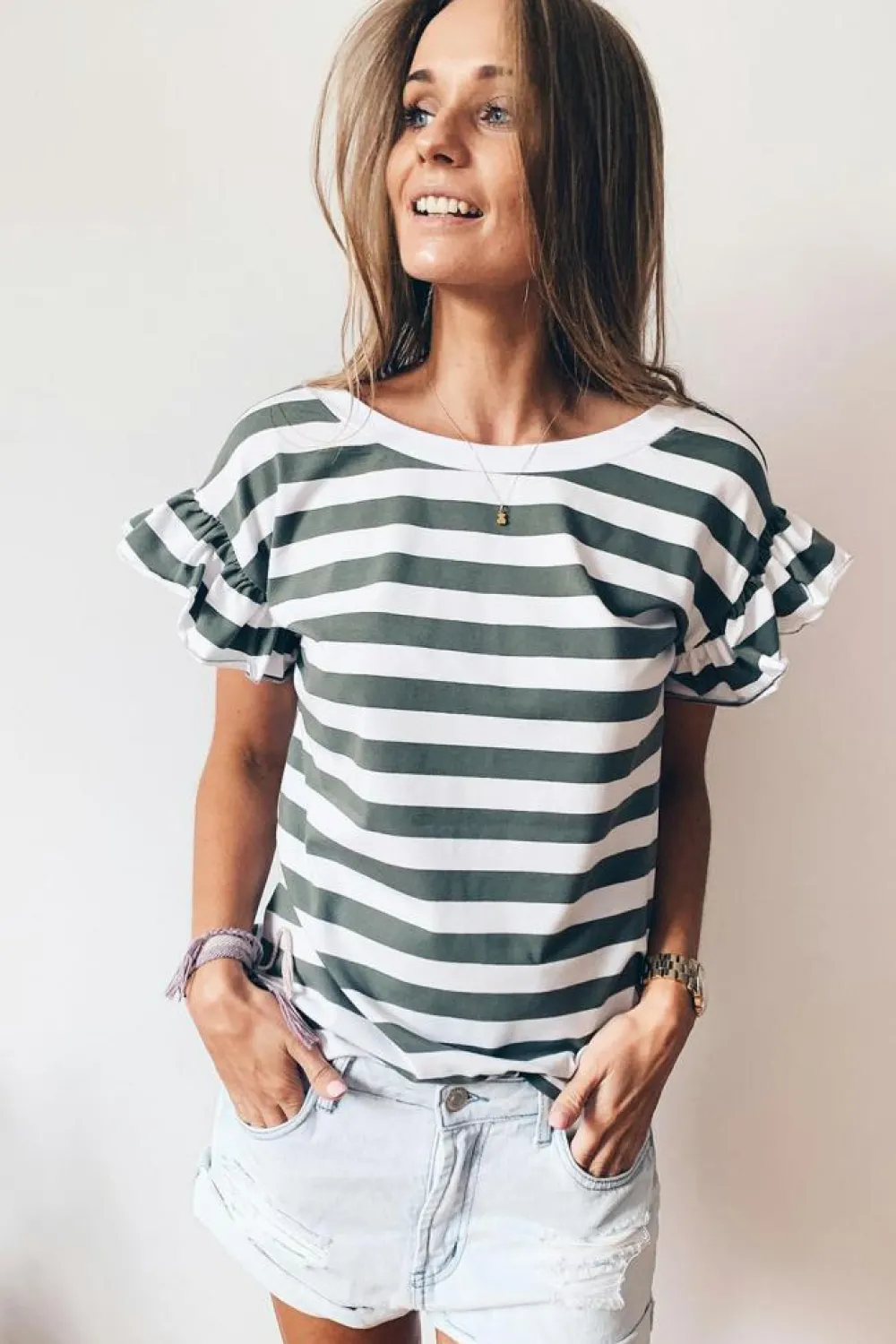 Discount Dear-Lover Striped V Neck Ruffle Sleeve Top Sea Green