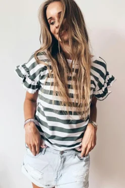 Discount Dear-Lover Striped V Neck Ruffle Sleeve Top Sea Green
