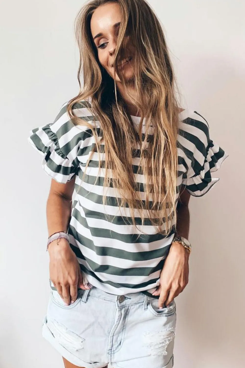 Discount Dear-Lover Striped V Neck Ruffle Sleeve Top Sea Green