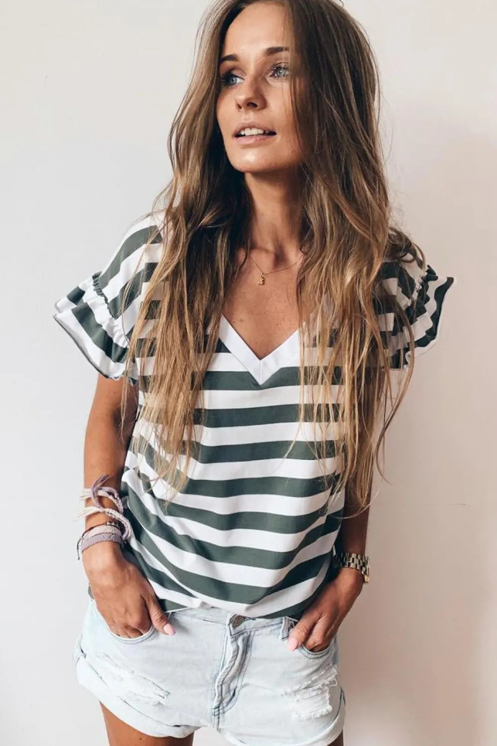 Discount Dear-Lover Striped V Neck Ruffle Sleeve Top Sea Green