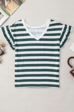 Discount Dear-Lover Striped V Neck Ruffle Sleeve Top Sea Green