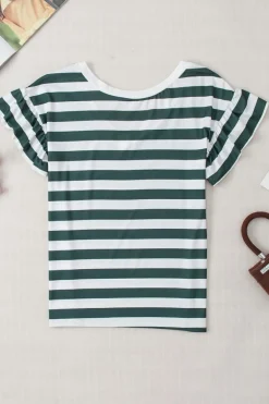Discount Dear-Lover Striped V Neck Ruffle Sleeve Top Sea Green