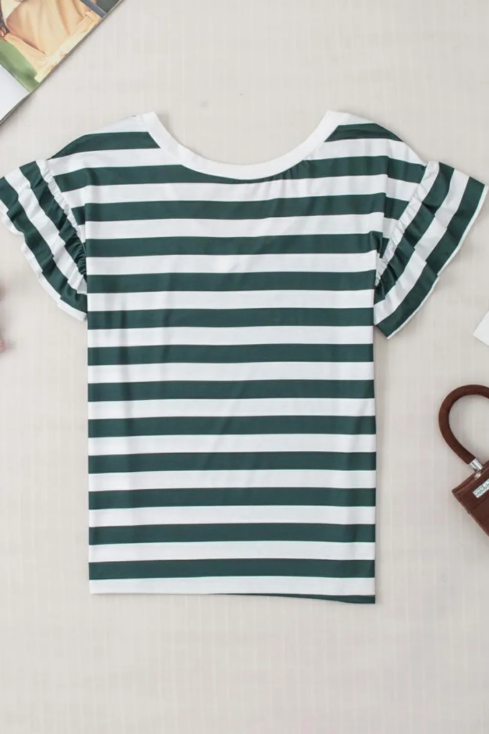 Discount Dear-Lover Striped V Neck Ruffle Sleeve Top Sea Green
