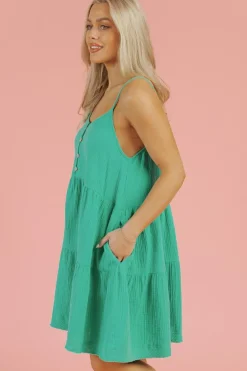 Outlet Dear-Lover Textured Buttoned Thin Strap Tiered Loose Fit Mini Dress Sea Green