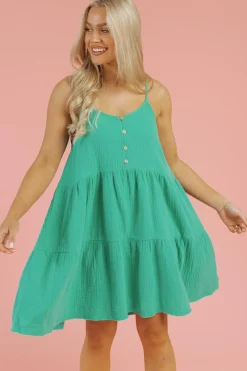 Outlet Dear-Lover Textured Buttoned Thin Strap Tiered Loose Fit Mini Dress Sea Green