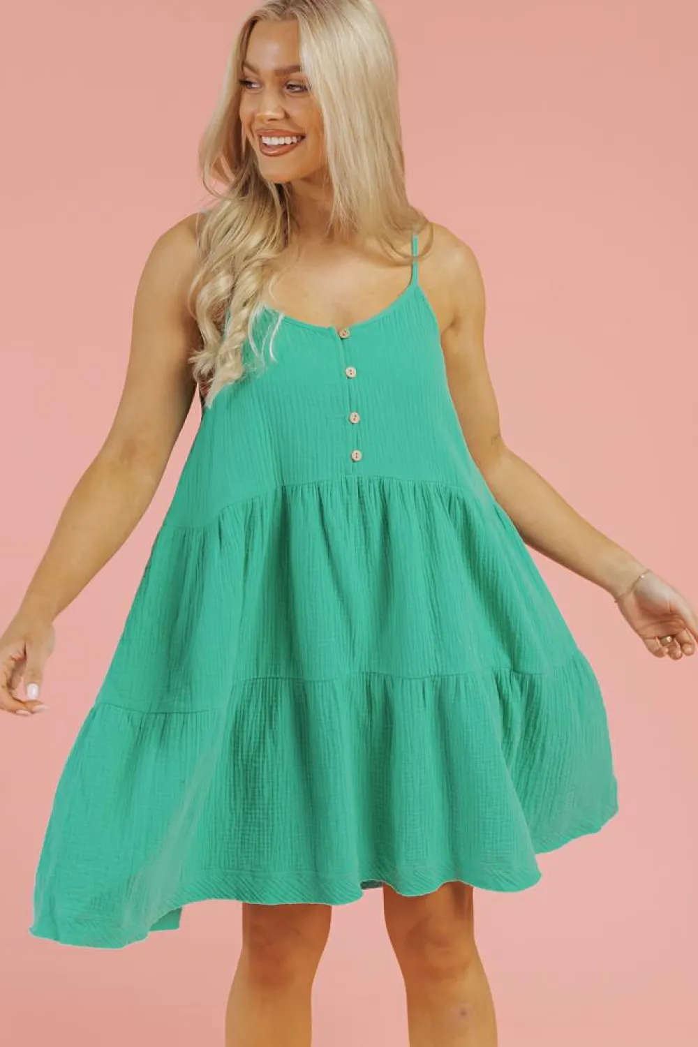 Outlet Dear-Lover Textured Buttoned Thin Strap Tiered Loose Fit Mini Dress Sea Green