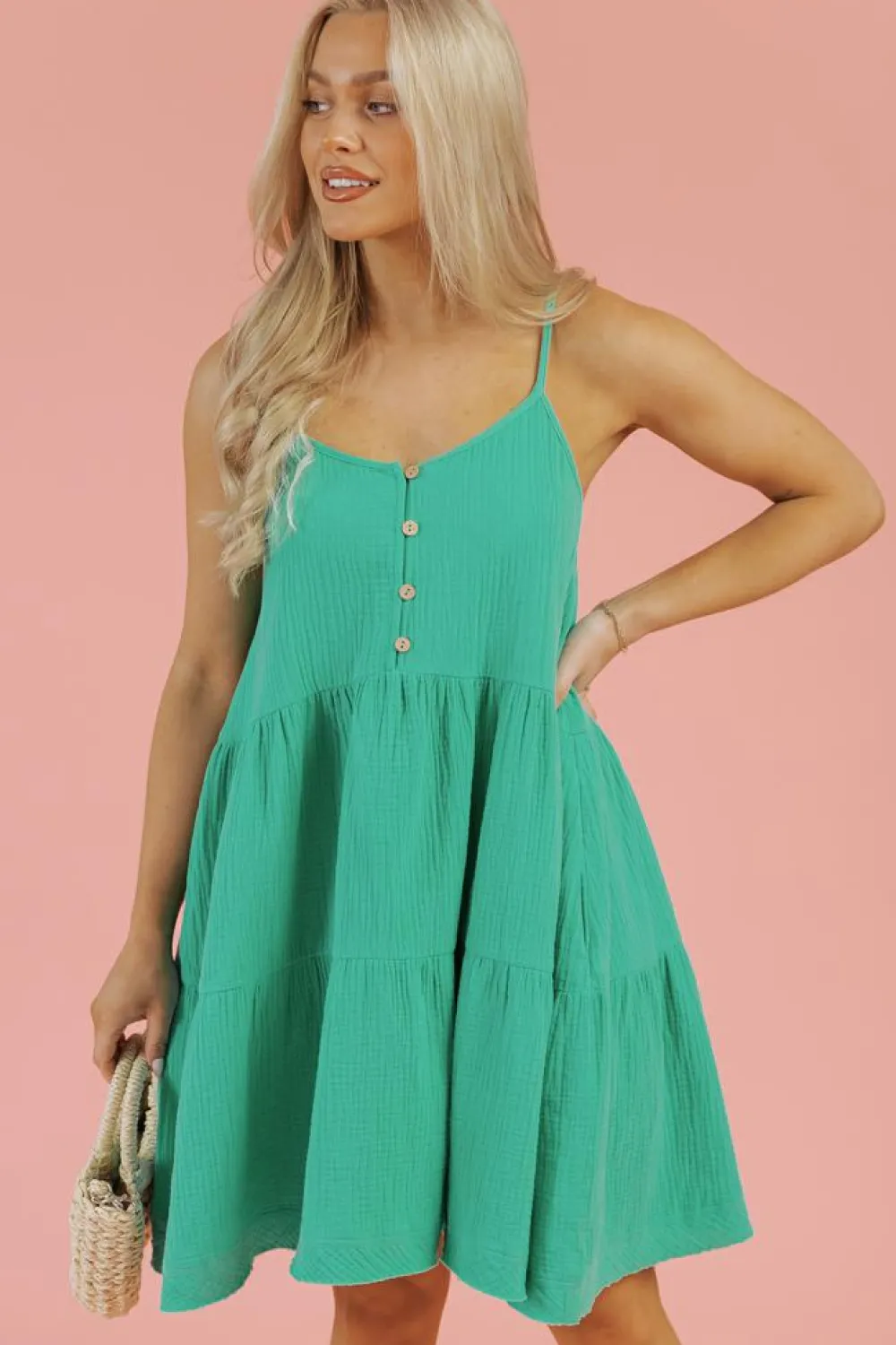 Outlet Dear-Lover Textured Buttoned Thin Strap Tiered Loose Fit Mini Dress Sea Green