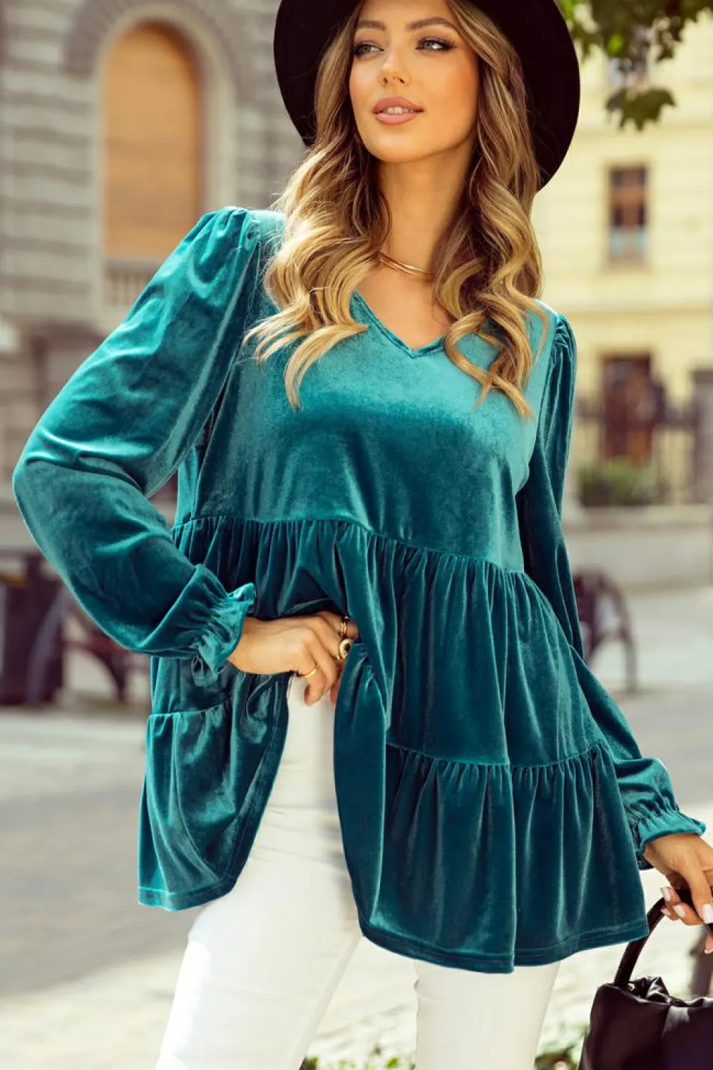 Online Dear-Lover Velvet V Neck Peplum Hem Puff Sleeve Blouse Sea Green