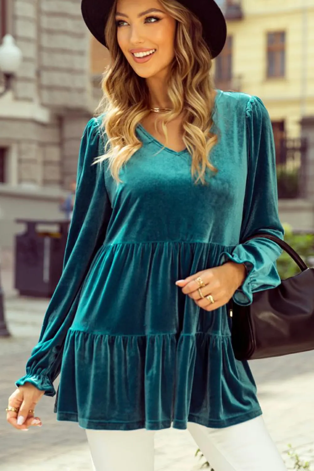 Online Dear-Lover Velvet V Neck Peplum Hem Puff Sleeve Blouse Sea Green