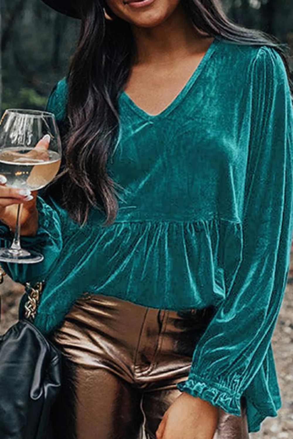 Online Dear-Lover Velvet V Neck Peplum Hem Puff Sleeve Blouse Sea Green