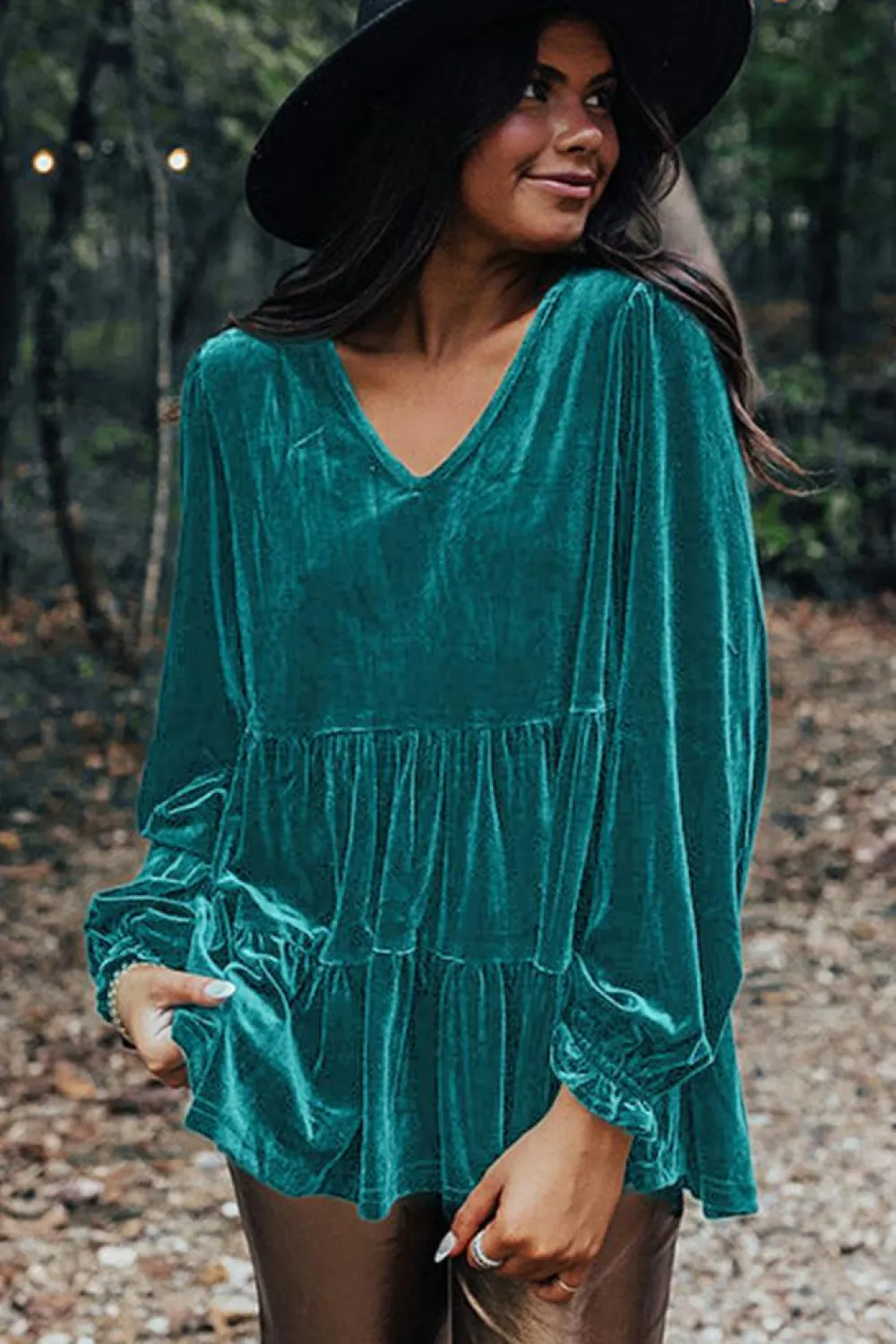 Online Dear-Lover Velvet V Neck Peplum Hem Puff Sleeve Blouse Sea Green