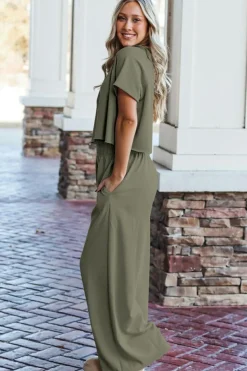Fashion Dear-Lover Raw Hem Loose Tee and Wide Leg Pants Set Seagrass
