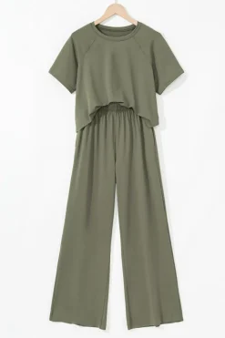 Fashion Dear-Lover Raw Hem Loose Tee and Wide Leg Pants Set Seagrass