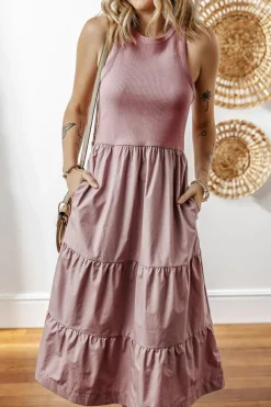 Best Dear-Lover Ribbed Vest Patchwork Tiered Midi Dress with Pockets Sepia Rose