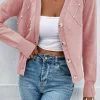 Clearance Dear-Lover Textured Knit Pearl Beaded Button Up Cardigan Sepia Rose