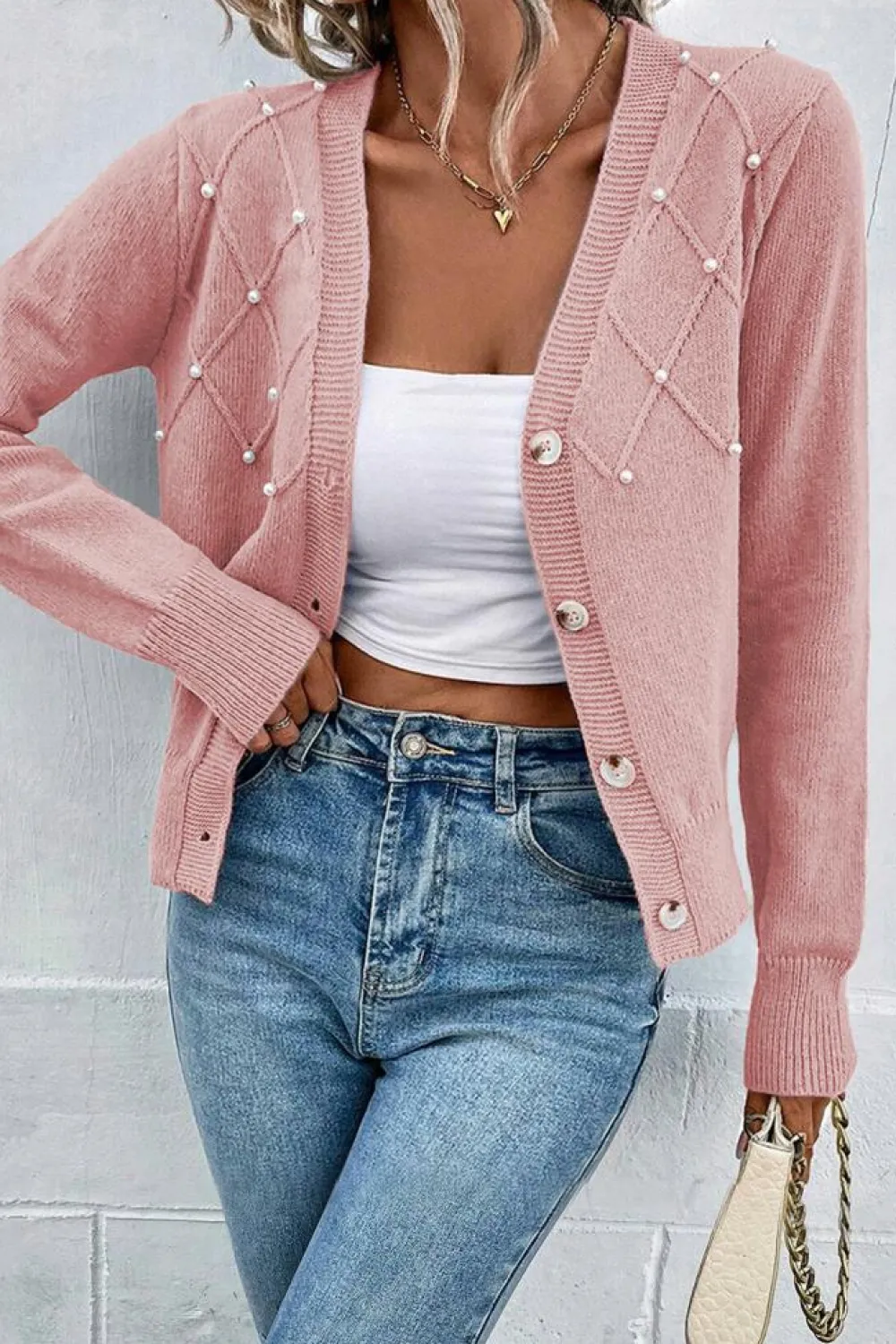 Clearance Dear-Lover Textured Knit Pearl Beaded Button Up Cardigan Sepia Rose