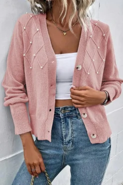 Clearance Dear-Lover Textured Knit Pearl Beaded Button Up Cardigan Sepia Rose