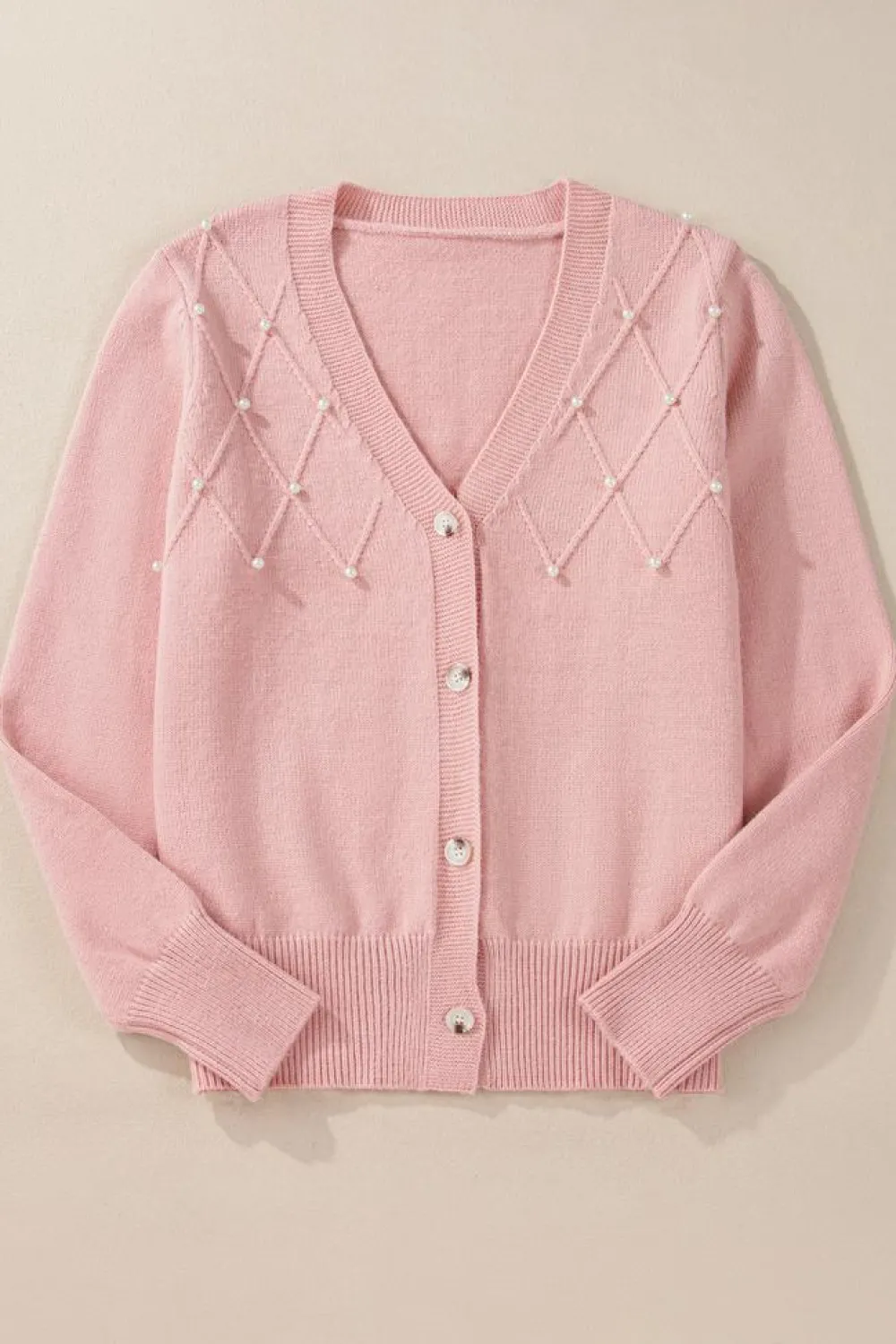 Clearance Dear-Lover Textured Knit Pearl Beaded Button Up Cardigan Sepia Rose