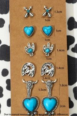 Clearance Dear-Lover 6 Pairs Western Turquoise Alloy Stud Earrings Silvery