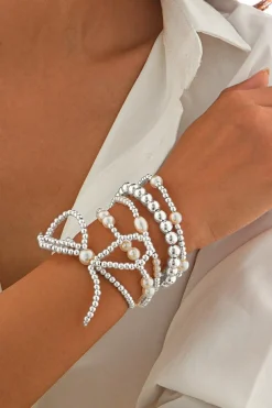 Online Dear-Lover Bow Knot Pearl Beaded Multi Layered Bracelet Set Silvery