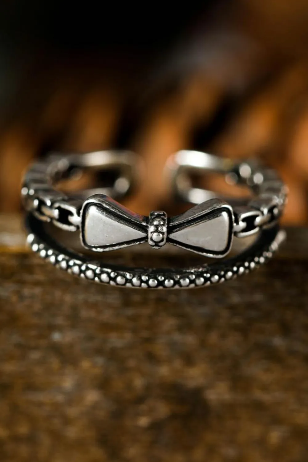 Online Dear-Lover Bownot Vintage Alloy Double Tier Ring Silvery