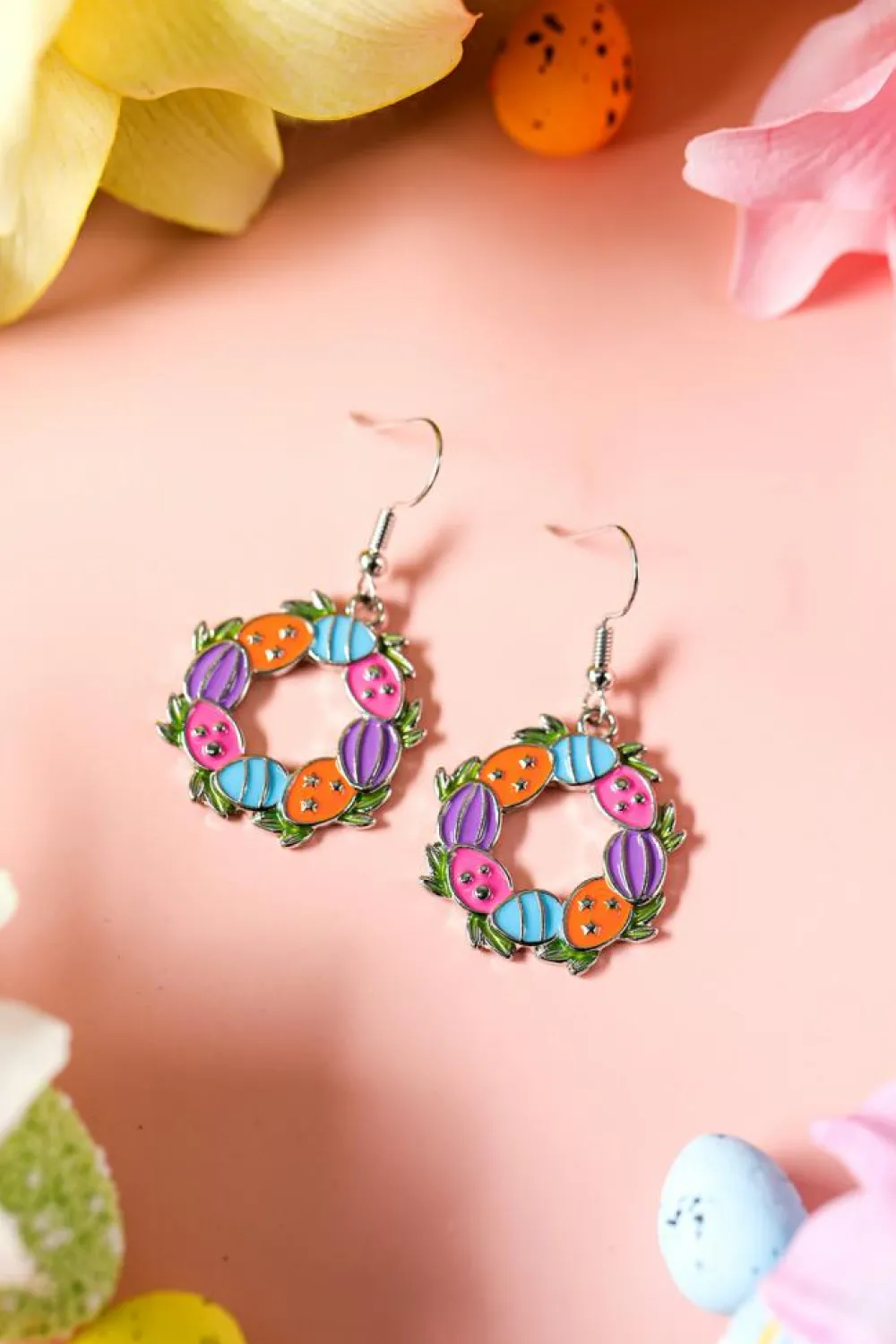Online Dear-Lover Easter Eggs Floral Hoop Dangle Earrings Silvery