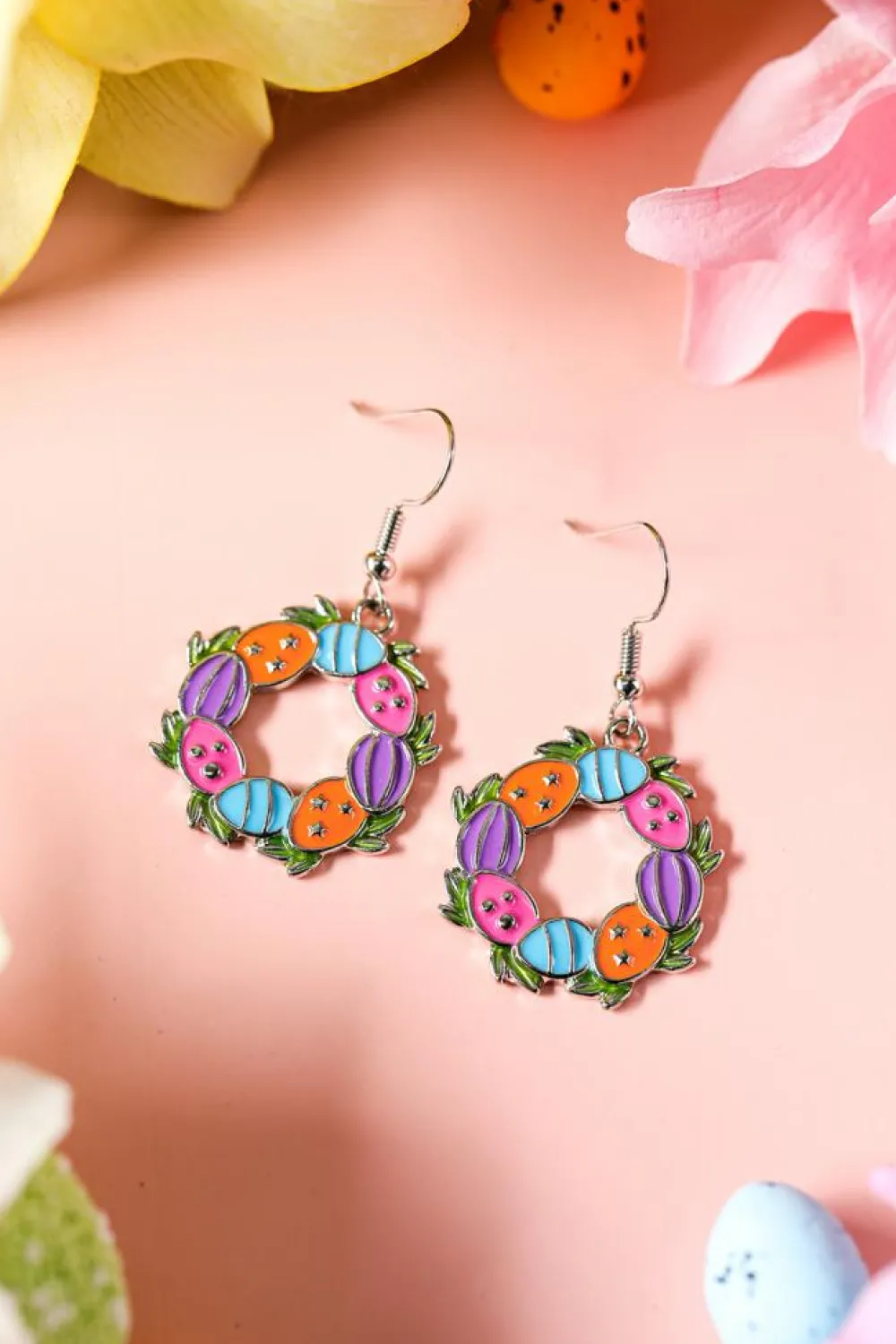 Online Dear-Lover Easter Eggs Floral Hoop Dangle Earrings Silvery