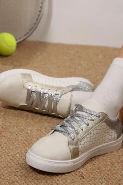 Best Dear-Lover Glitter Star Patchwork PU Leather Lace-up Sneakers Silvery