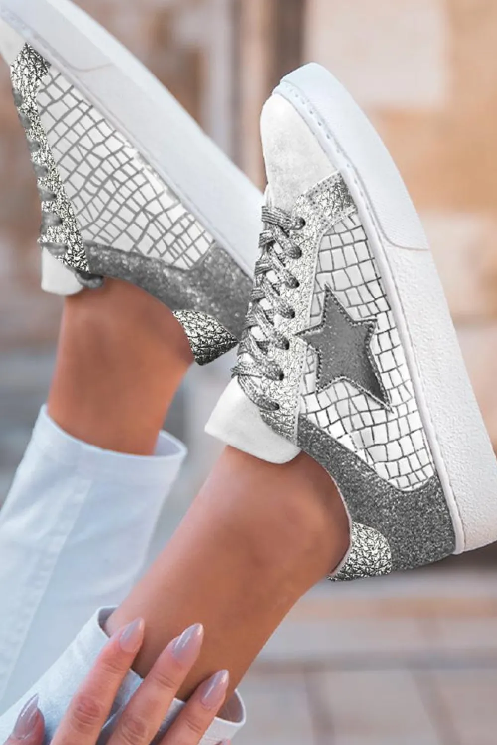 Best Dear-Lover Glitter Star Patchwork PU Leather Lace-up Sneakers Silvery
