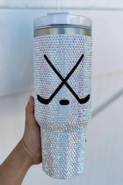 Online Dear-Lover Hockey Game Day Rhinestone 40 Oz Tumbler with Handle Silvery