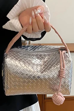 Sale Dear-Lover Lattice Texture Corded Ball Decor Weaven Handle Cosmetic Bag Silvery