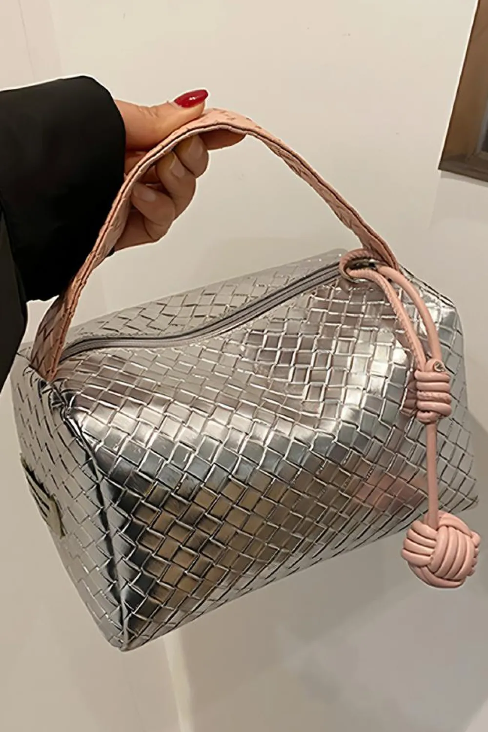 Sale Dear-Lover Lattice Texture Corded Ball Decor Weaven Handle Cosmetic Bag Silvery