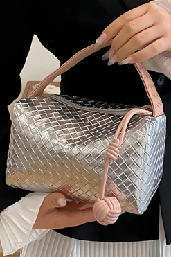 Sale Dear-Lover Lattice Texture Corded Ball Decor Weaven Handle Cosmetic Bag Silvery