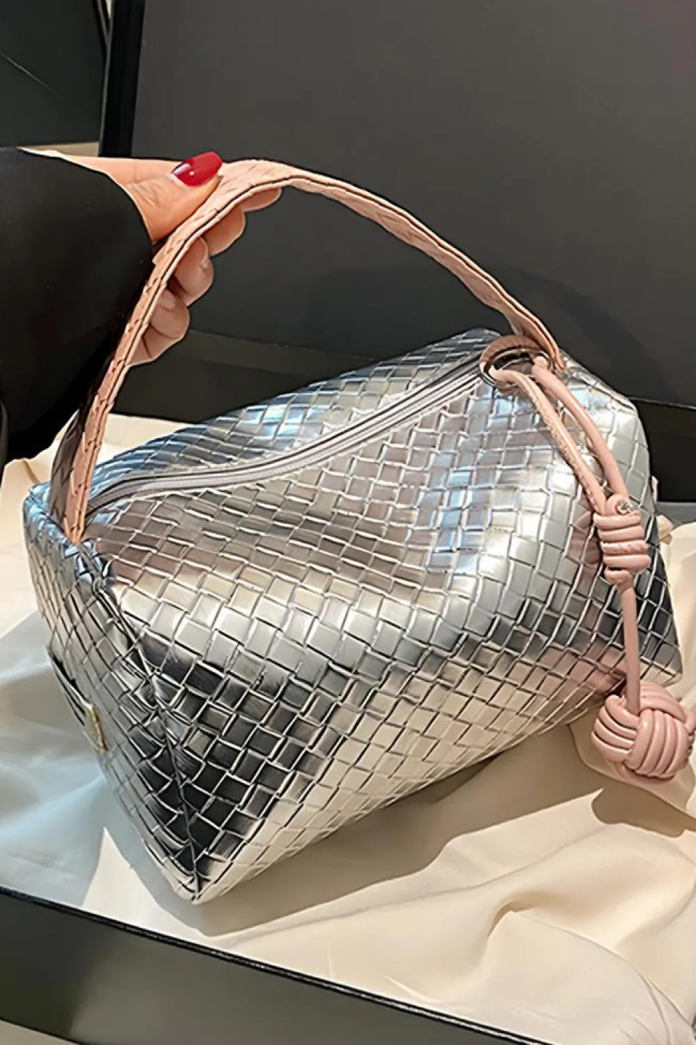 Sale Dear-Lover Lattice Texture Corded Ball Decor Weaven Handle Cosmetic Bag Silvery