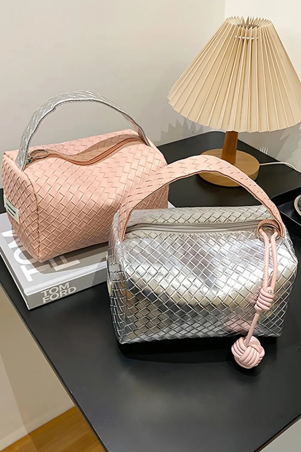 Sale Dear-Lover Lattice Texture Corded Ball Decor Weaven Handle Cosmetic Bag Silvery