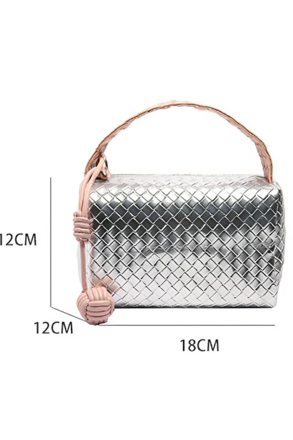 Sale Dear-Lover Lattice Texture Corded Ball Decor Weaven Handle Cosmetic Bag Silvery