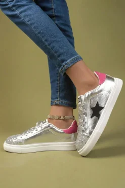 Online Dear-Lover Metallic Luster Star Pattern Slip On Flat Shoes Silvery