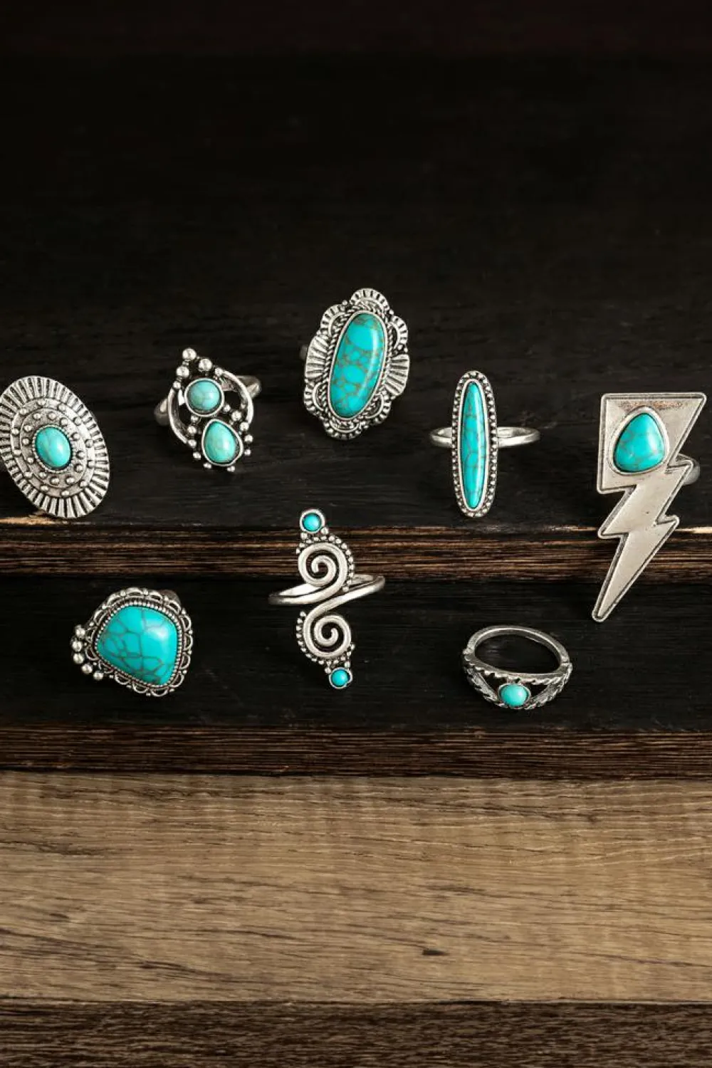 Outlet Dear-Lover 8pcs Turquoise Inlay Western Ring Set Silvery