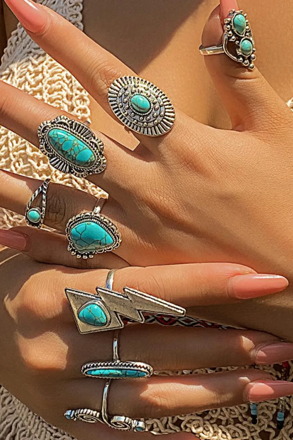 Outlet Dear-Lover 8pcs Turquoise Inlay Western Ring Set Silvery