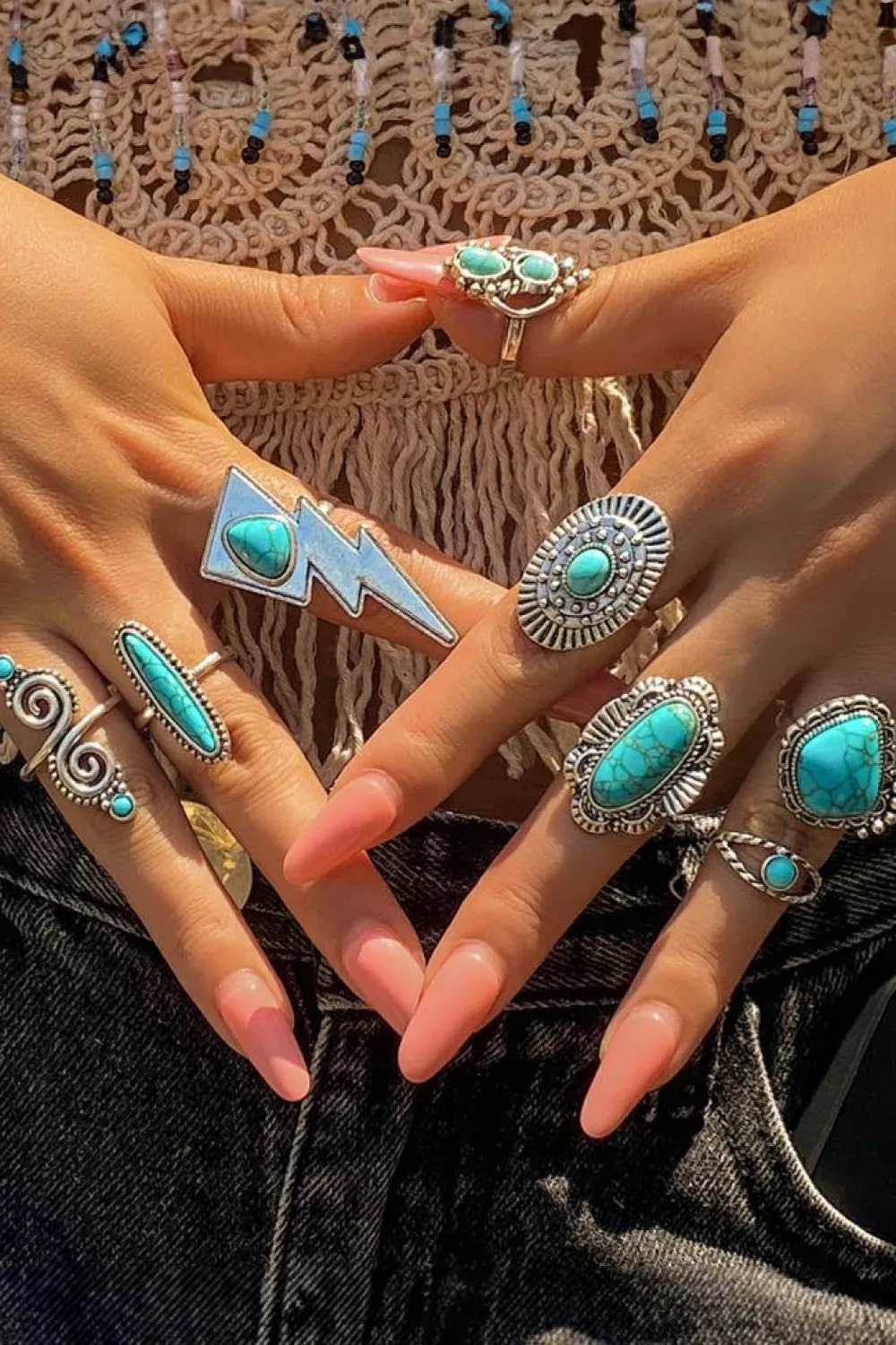 Outlet Dear-Lover 8pcs Turquoise Inlay Western Ring Set Silvery