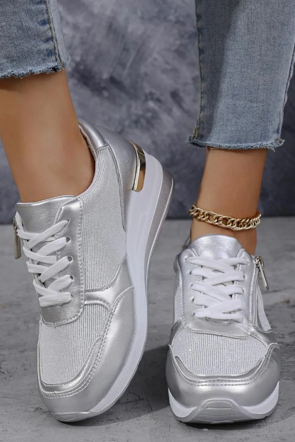 Hot Dear-Lover PU Leather Patchwork Zipper Lace-up Sneakers Silvery
