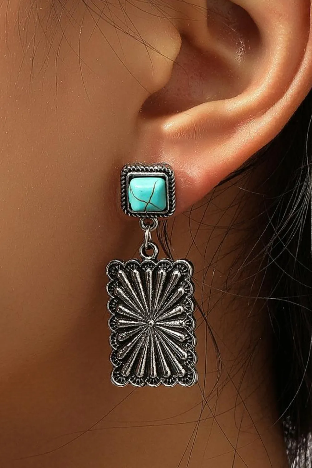 Clearance Dear-Lover Retro Western Geometric Turquoise Stud Earrings Silvery