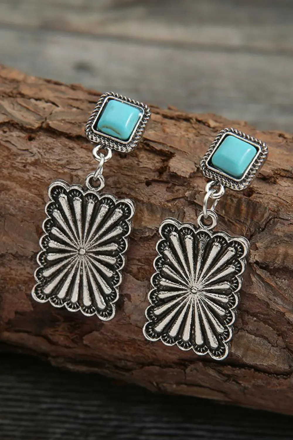 Clearance Dear-Lover Retro Western Geometric Turquoise Stud Earrings Silvery