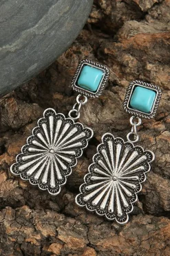 Clearance Dear-Lover Retro Western Geometric Turquoise Stud Earrings Silvery