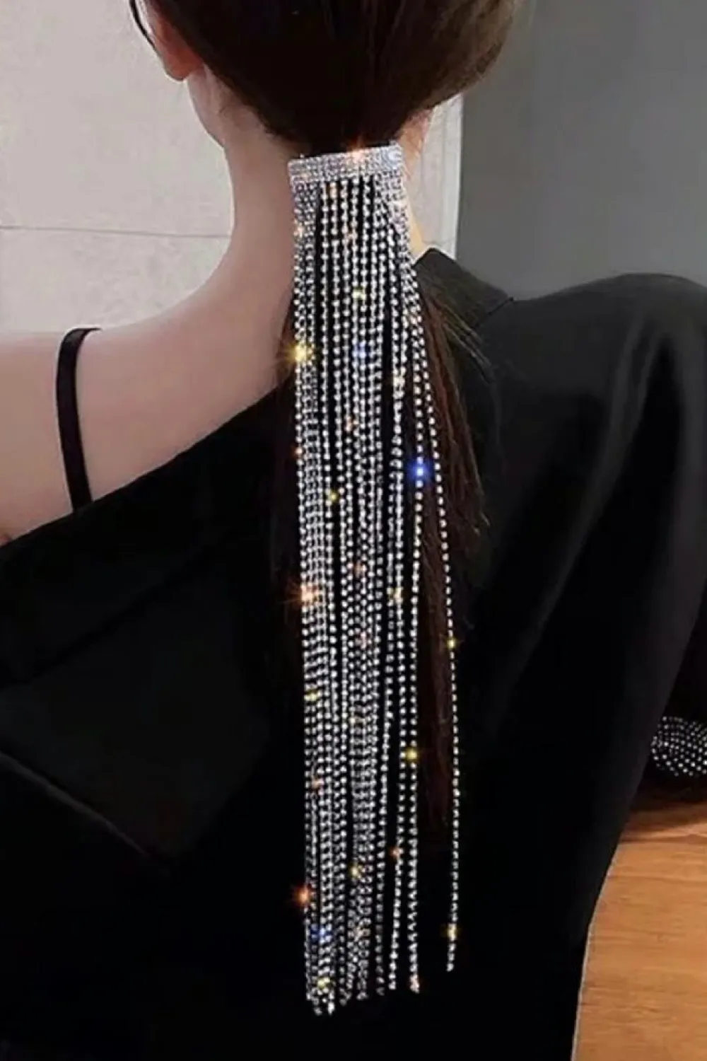 Fashion Dear-Lover Rhinestone Long Fringe Pony Hair Clip Silvery
