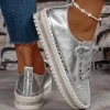 Fashion Dear-Lover Rhinestone Metallic Sheen Lace-up Flat Shoes Silvery