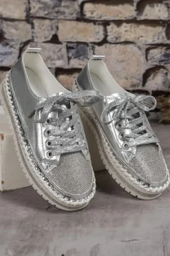 Fashion Dear-Lover Rhinestone Metallic Sheen Lace-up Flat Shoes Silvery