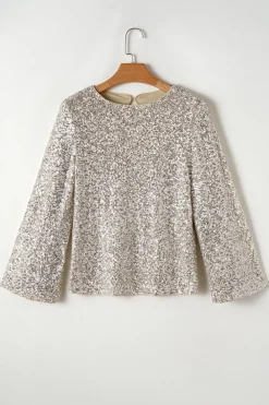 Outlet Dear-Lover Sequin Puff Sleeve Cutout Back Blouse Silvery