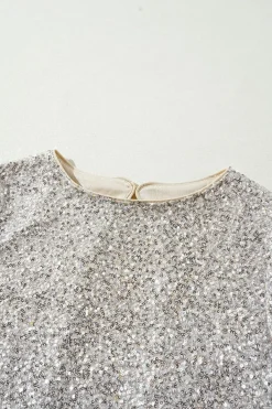 Outlet Dear-Lover Sequin Puff Sleeve Cutout Back Blouse Silvery