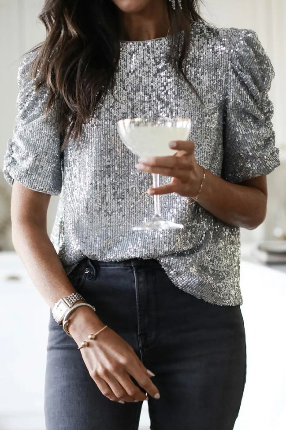 Hot Dear-Lover Short Ruched Puff Sleeve Sequin Top Silvery